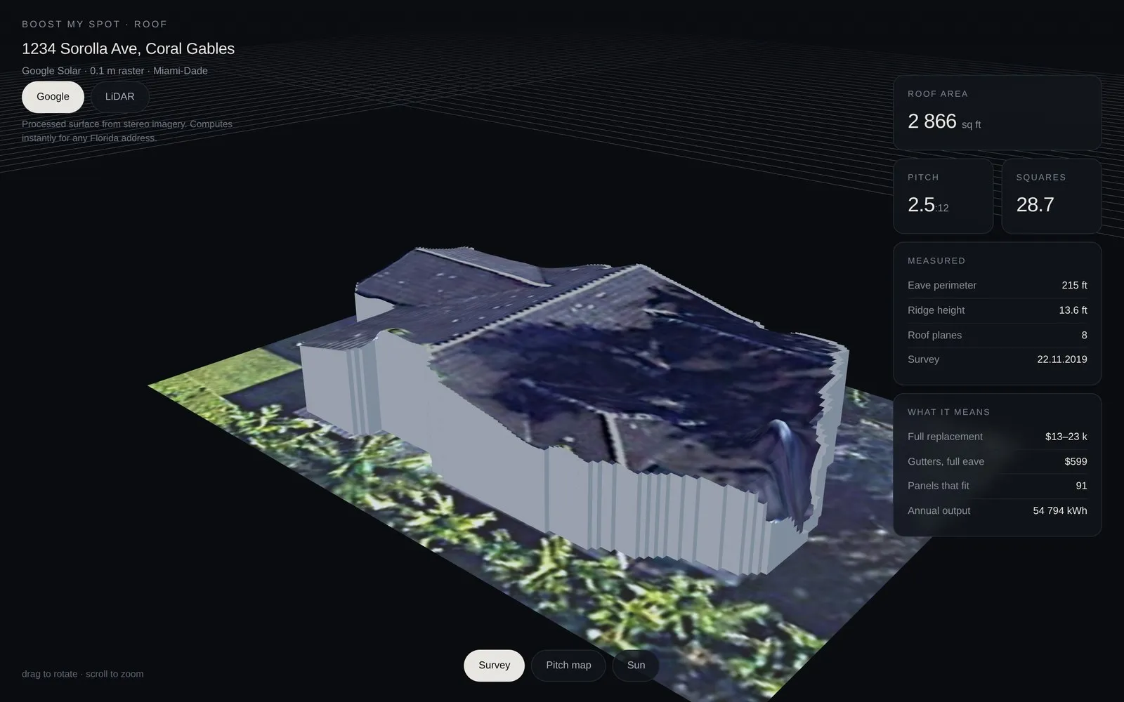 Roof — un tejado de Florida reconstruido en 3D a partir de datos públicos